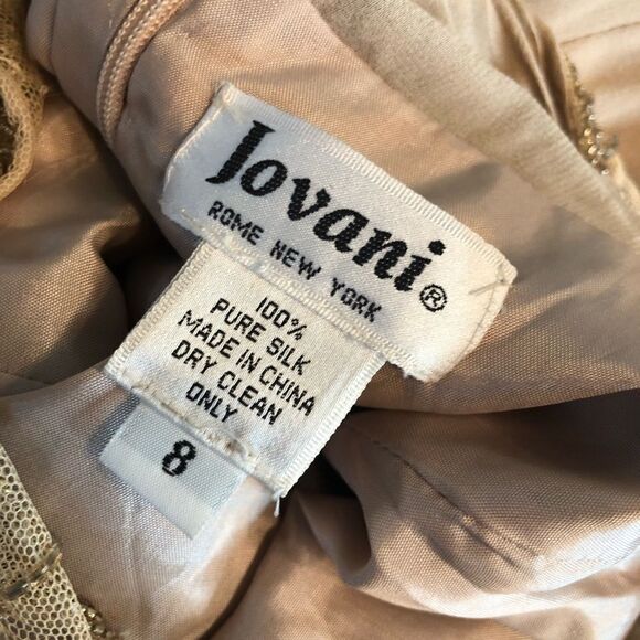 Jovani Evening Long Sleeve Beaded Illusion Beige Gatsby Deco Formal Keyhole Gown - Picture 9 of 15